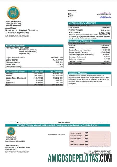 realista Modelo Word e PDF de declaração de hipoteca do Banco Comercial do Iraque do Iraque